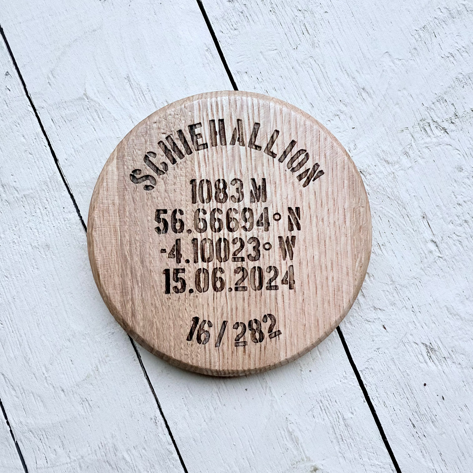 Wooden Barrel oak Coaster with engraved names of munros. 