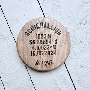 Wooden Barrel oak Coaster with engraved names, coordinates, elevations of munros. 