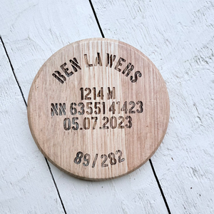 Wooden Barrel oak Coaster with engraved names, coordinates, elevations of munros. 