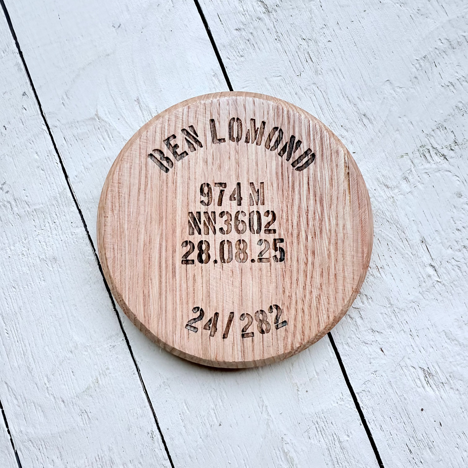 Wooden Barrel oak Coaster with engraved names of munros. 